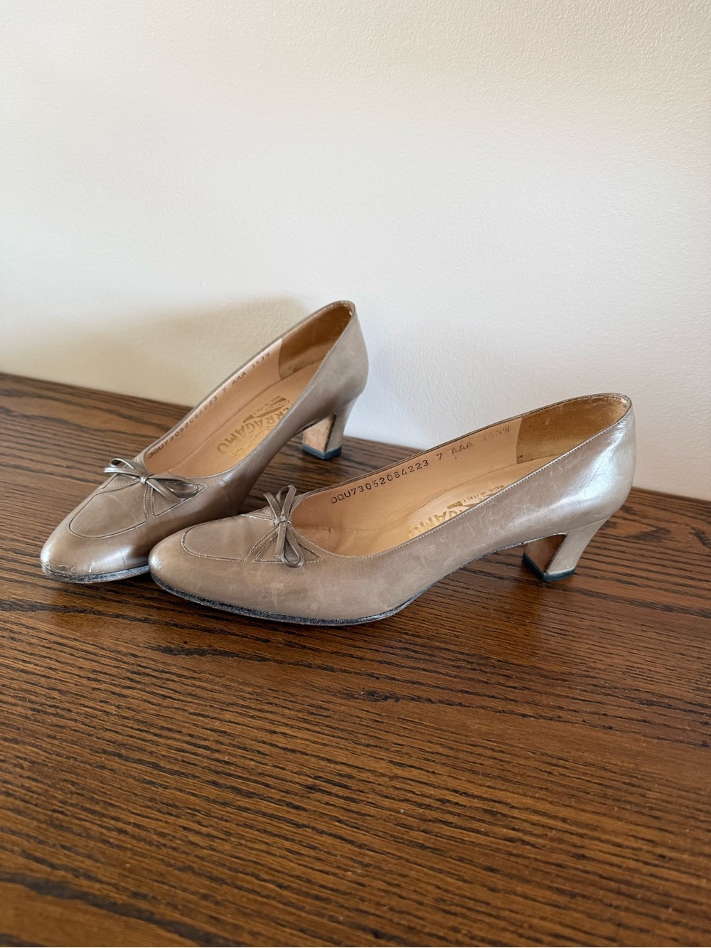 Salvatore Ferragamo Taupe Low Block Heel Pumps with Bow vintage